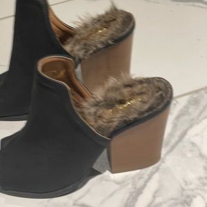 Furry bootie block heels- open back